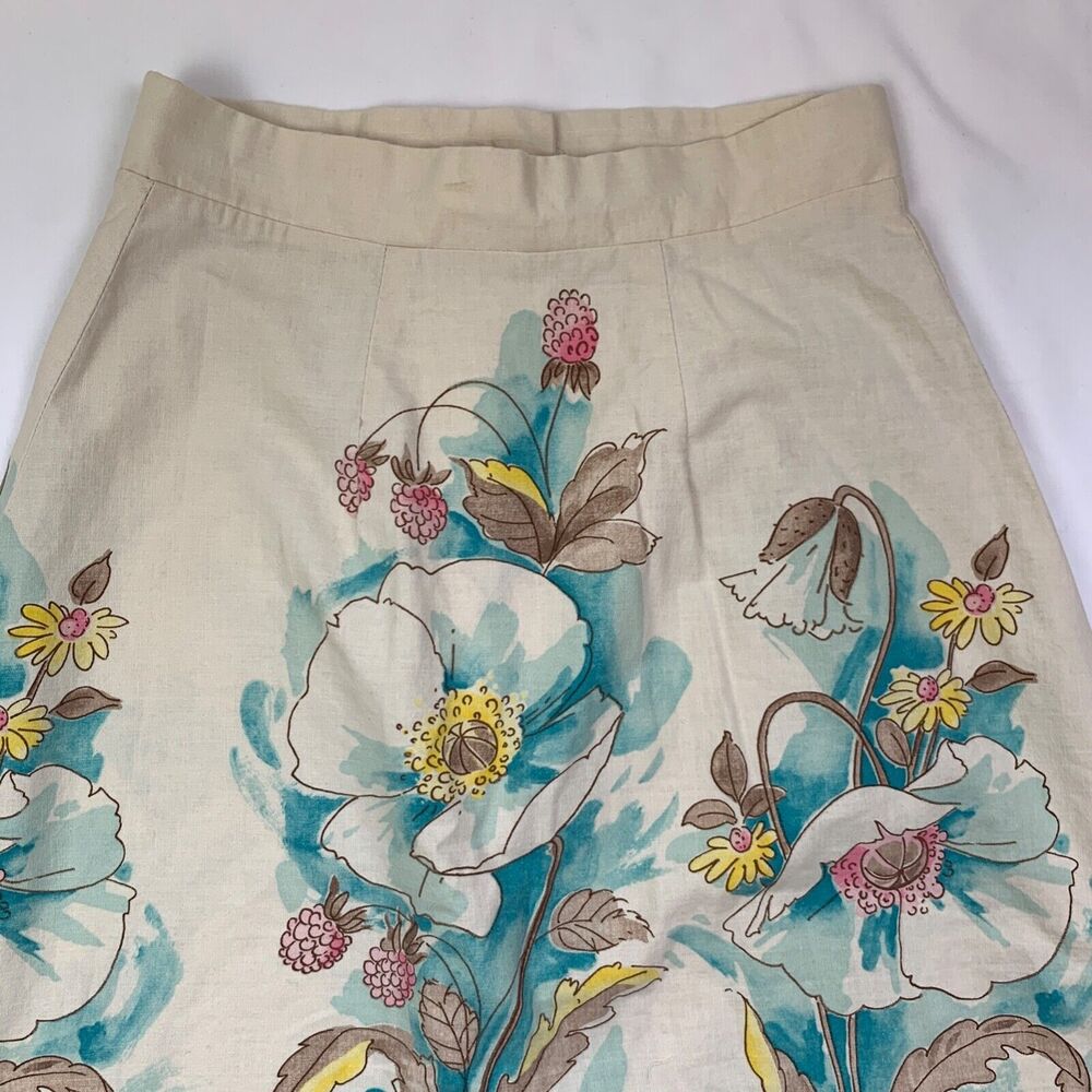 Vintage Floral Full Button Front Midi Skirt XS Blue Ivory Parisian Botanical - Picture 9 of 9